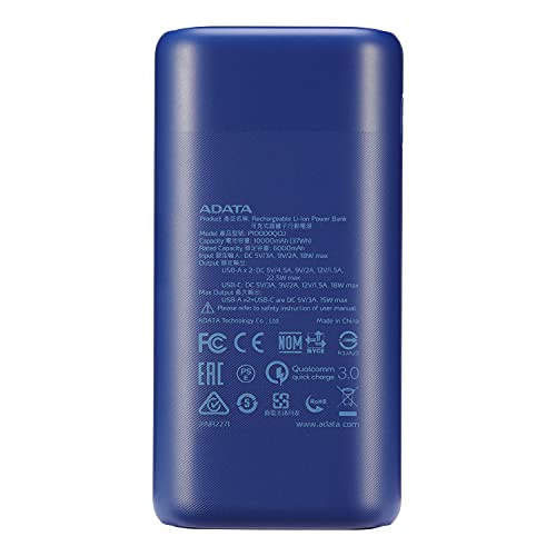 ADATA Powerbank Batería Portátil P10000QCD de Carga Rápida, de 10000 mAh con Pantalla Digital, Color Azul (Modelo AP10000QCD-DGT-CDB)